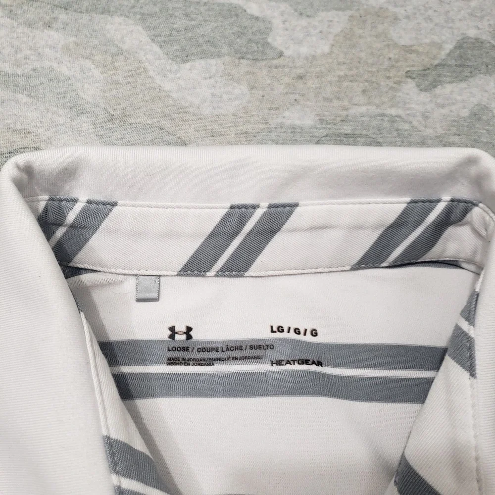 Under Armour Polo Shirt Mens Large Gray Heather‎ Loose Short Sleeve Striped